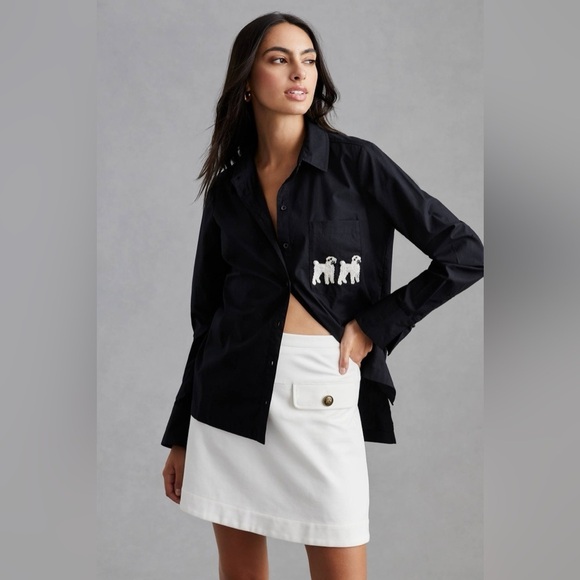 Maeve Tops - Maeve Black Button Down Shirt Top w/Dog Pet Appliqué, Size XXS NWT